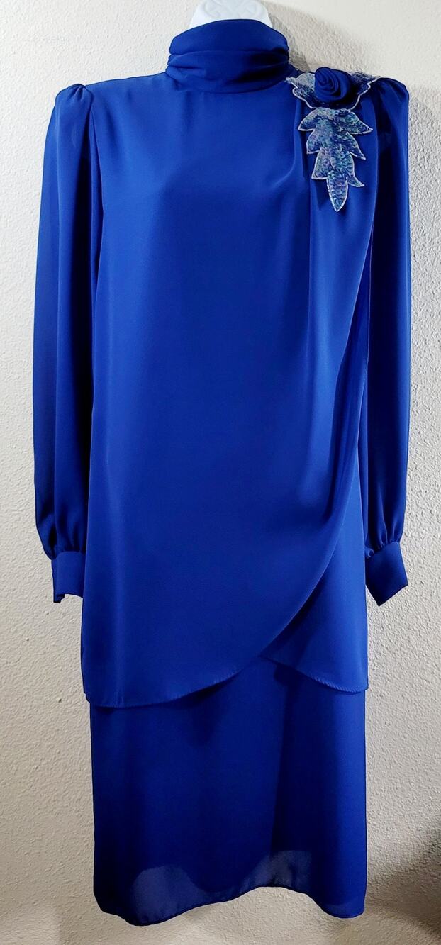 VTG After Dark Blue Pleated Cross Over Ruffle Midi Dress Large Lightweight Soft